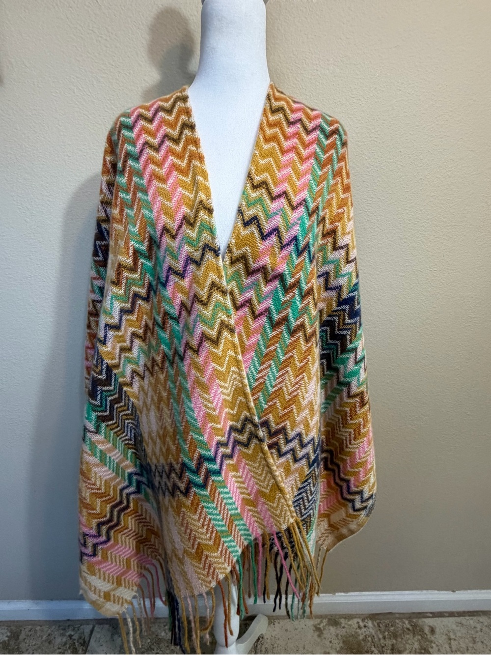 Chevron Fringe Knit Poncho Shawl in Mustard, Pink & Teal Grannycore